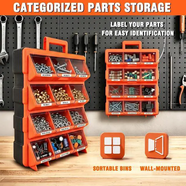 Alt view image 5 of 7 - Tool Box Organizer,12-Compartment Portable Small Parts Organizer for Screws, Bolts,Nails,Washers, Wall-Mounted Hardware Storage Boxes for Garage, Truck, Workshop (Orange)