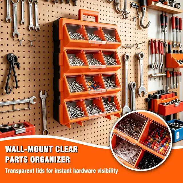 Alt view image 6 of 7 - Tool Box Organizer,12-Compartment Portable Small Parts Organizer for Screws, Bolts,Nails,Washers, Wall-Mounted Hardware Storage Boxes for Garage, Truck, Workshop (Orange)