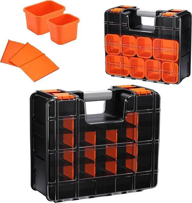 Main image of Double Side Tool Box with Transparent Lid, 8 Movable Small Trays & Removable Dividers, Multi-Function Small Parts Organizer, for Hardware, Screws, Bricks, Nails, Jewelry and Fishing Tackle