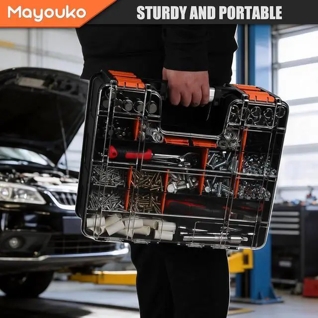 Alt view image 7 of 7 - Double Side Tool Box with Transparent Lid, 8 Movable Small Trays & Removable Dividers, Multi-Function Small Parts Organizer, for Hardware, Screws, Bricks, Nails, Jewelry and Fishing Tackle