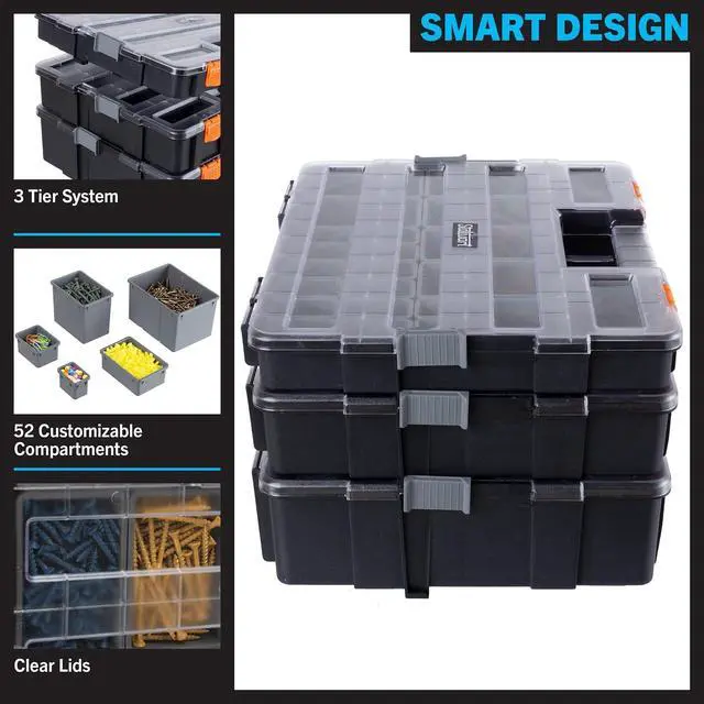 Alt view image 3 of 7 - Tool Box Organizer - 3-in-1 Portable Parts Organizer with 52 Customizable Compartments to Store Hardware, Craft Supplies, or Beads by (Gray)