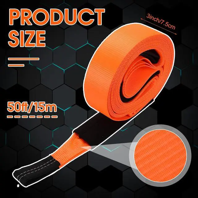Alt view image 2 of 7 - 3" x 50 ft Recovery Tow Strap Road Straps Heavy Duty Tow Rope Recovery Rope with Reinforced Loops and Protective Sleeves for Vehicle Truck Winching Gear Accessories 20, 000 Lbs