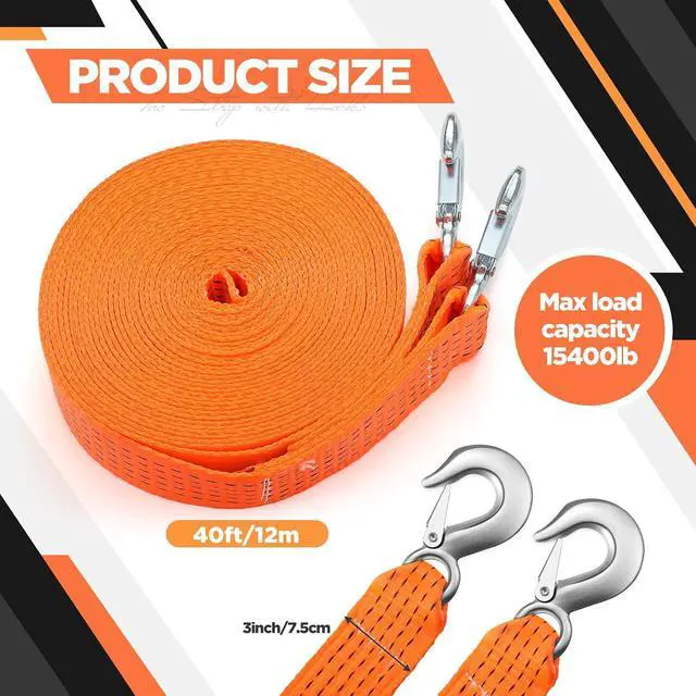 Alt view image 2 of 7 - Tow Strap with Hooks, 3" x 40' Polypropylene Heavy Duty Emergency Recovery Tow Strap, 15400lbs Reflective Forged Steel Hooks for Car Truck ATV SUV Off Road Use