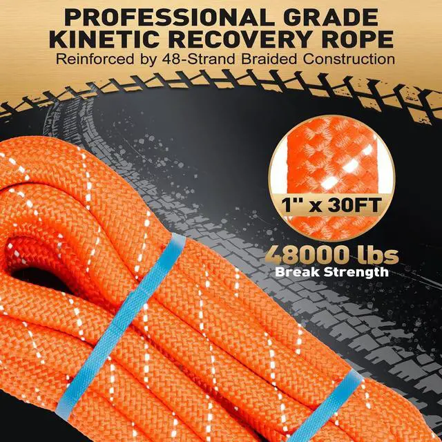 Alt view image 3 of 7 - Kinetic Recovery Tow Rope 1" x30FT - 48000LBS with 2 Soft Shackles, 30% Elastic Snatch Strap for Offroad, Reflective Heavy Duty Vehicle Recovery Kit for Jeep Truck SUV UTV