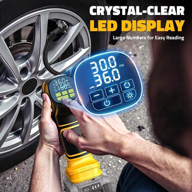 Alt view image 2 of 7 - 150PSI Tire Inflator Portable Air Compressor: Cordless Air Pump Compatible with Dewalt 20V Battery - Car Tire Pump with Digital Pressure Gauge & LED Light for Auto, Motorcycles (Tool Only)