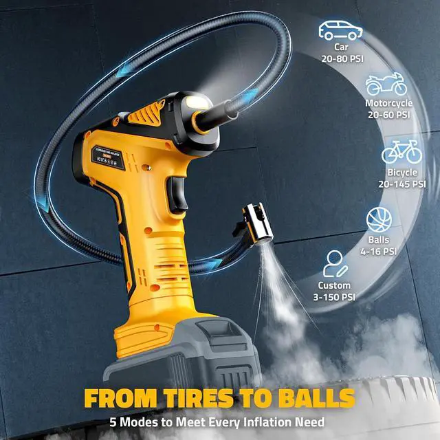 Alt view image 5 of 7 - 150PSI Tire Inflator Portable Air Compressor: Cordless Air Pump Compatible with Dewalt 20V Battery - Car Tire Pump with Digital Pressure Gauge & LED Light for Auto, Motorcycles (Tool Only)