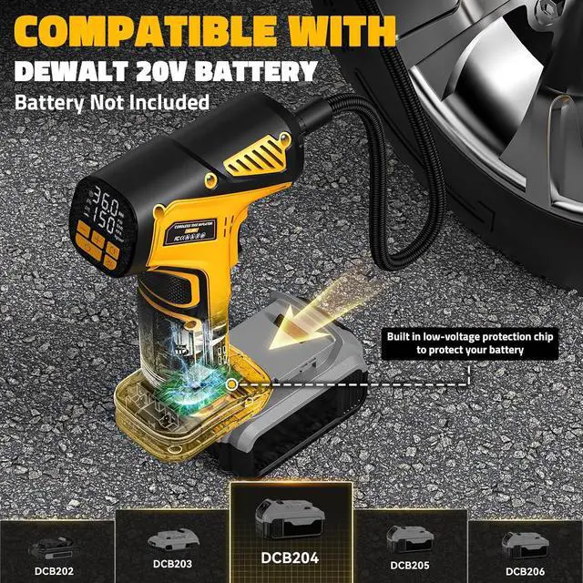 Alt view image 6 of 7 - 150PSI Tire Inflator Portable Air Compressor: Cordless Air Pump Compatible with Dewalt 20V Battery - Car Tire Pump with Digital Pressure Gauge & LED Light for Auto, Motorcycles (Tool Only)