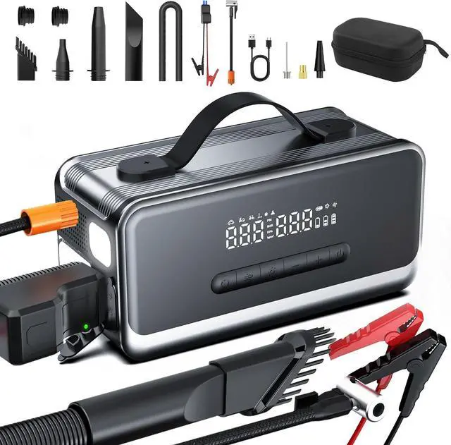 Main image of Tire Inflator Portable Air Compressor with Jump Starter, Air Pump for Car | Faster Inflation 35L/min,Auto Shut-Off,Cordless,Vacuum and Blower Functions,for Pickup Truck,Bike,Motorcycle and Balls