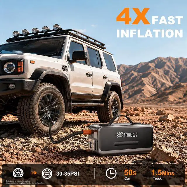 Alt view image 2 of 7 - Tire Inflator Portable Air Compressor with Jump Starter, Air Pump for Car | Faster Inflation 35L/min,Auto Shut-Off,Cordless,Vacuum and Blower Functions,for Pickup Truck,Bike,Motorcycle and Balls