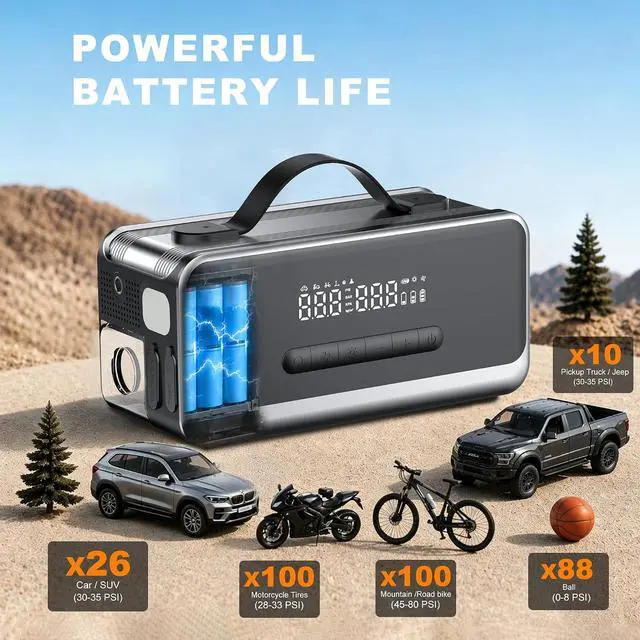 Alt view image 3 of 7 - Tire Inflator Portable Air Compressor with Jump Starter, Air Pump for Car | Faster Inflation 35L/min,Auto Shut-Off,Cordless,Vacuum and Blower Functions,for Pickup Truck,Bike,Motorcycle and Balls