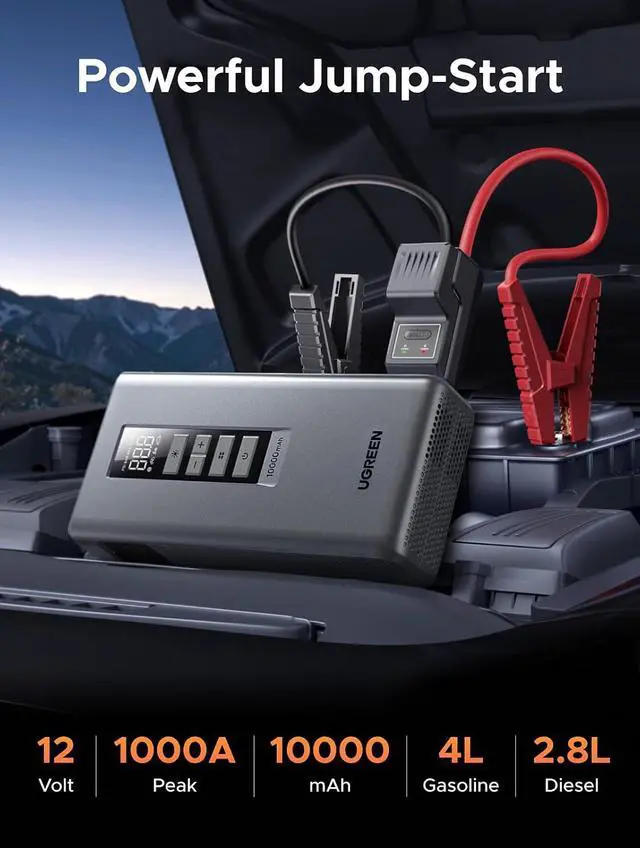 Alt view image 2 of 7 - Car Jump Starter with Air Compressor, Portable 12V Battery Booster 1000A Peak, 150 PSI Tire Inflator, Power Bank, 3-Mode LED Emergency Light for 4.0L Gas and 2.5L Diesel Engines
