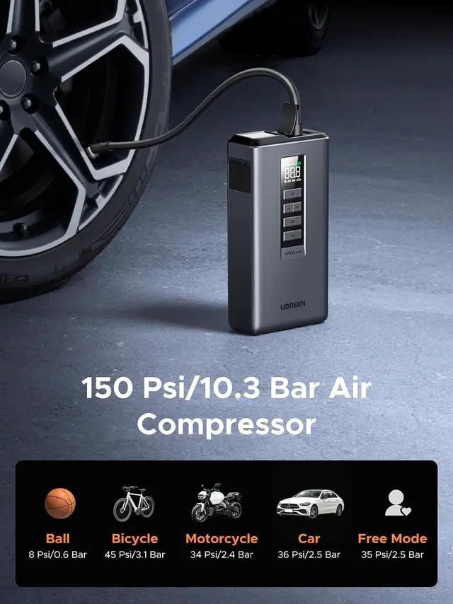 Alt view image 4 of 7 - Car Jump Starter with Air Compressor, Portable 12V Battery Booster 1000A Peak, 150 PSI Tire Inflator, Power Bank, 3-Mode LED Emergency Light for 4.0L Gas and 2.5L Diesel Engines