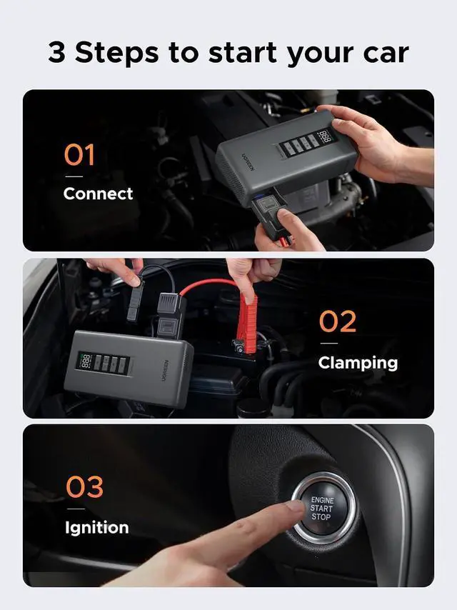 Alt view image 6 of 7 - Car Jump Starter with Air Compressor, Portable 12V Battery Booster 1000A Peak, 150 PSI Tire Inflator, Power Bank, 3-Mode LED Emergency Light for 4.0L Gas and 2.5L Diesel Engines
