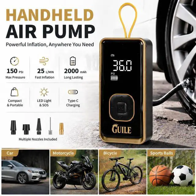 Alt view image 3 of 6 - Portable Tire Inflator Air Compressor - 150PSI Smart Cordless Car Tire Pump with Digital Pressure Gauge, Auto Shut-Off, Rechargeable Battery Power Bank for Car, Motorcycle, Bicycle, Ball