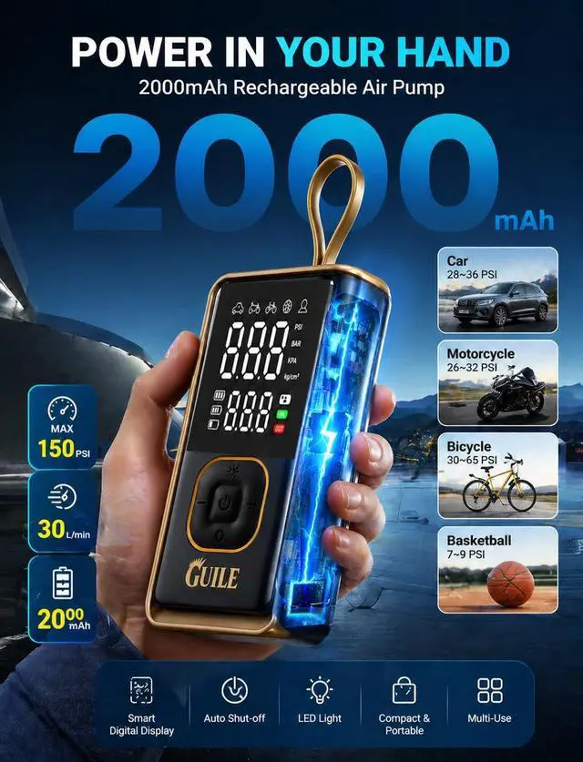 Alt view image 5 of 6 - Portable Tire Inflator Air Compressor - 150PSI Smart Cordless Car Tire Pump with Digital Pressure Gauge, Auto Shut-Off, Rechargeable Battery Power Bank for Car, Motorcycle, Bicycle, Ball