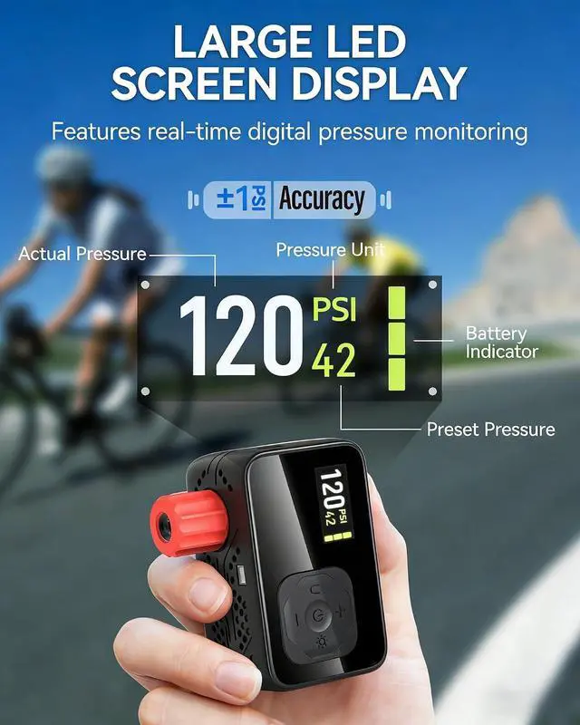 Alt view image 2 of 7 - Mini Electric Bike Pump Portable, Bicycle Air Pump for Presta and Schrader Valves, 120PSI High Pressure Pump with Digital Gauge, Smart Auto-Stop, Fast Inflation for Road Bike, Mountain Bike, E-Bike