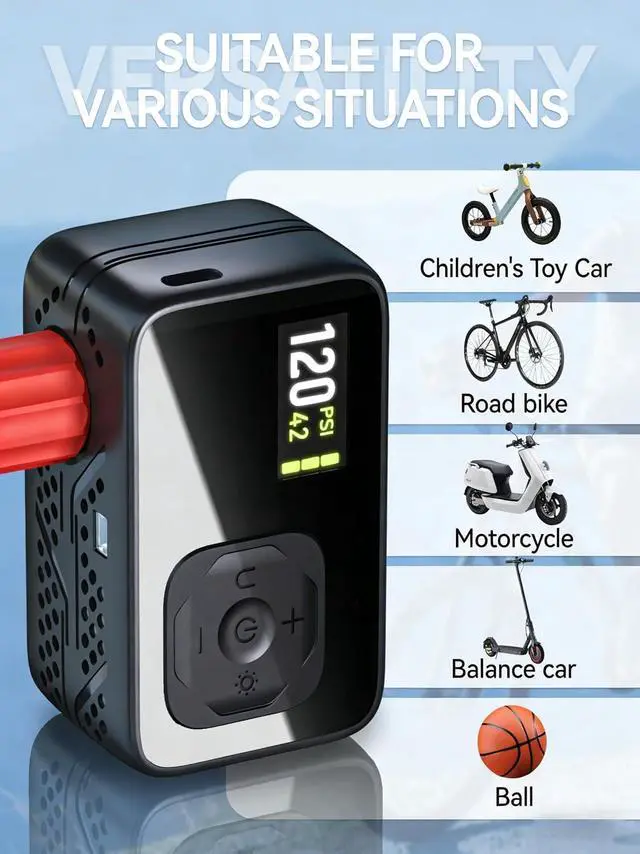Alt view image 3 of 7 - Mini Electric Bike Pump Portable, Bicycle Air Pump for Presta and Schrader Valves, 120PSI High Pressure Pump with Digital Gauge, Smart Auto-Stop, Fast Inflation for Road Bike, Mountain Bike, E-Bike