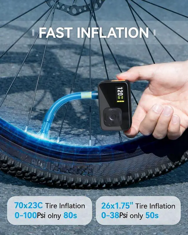 Alt view image 4 of 7 - Mini Electric Bike Pump Portable, Bicycle Air Pump for Presta and Schrader Valves, 120PSI High Pressure Pump with Digital Gauge, Smart Auto-Stop, Fast Inflation for Road Bike, Mountain Bike, E-Bike