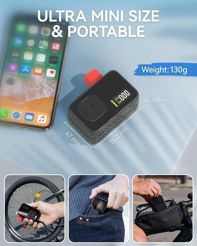 Alt view image 5 of 7 - Mini Electric Bike Pump Portable, Bicycle Air Pump for Presta and Schrader Valves, 120PSI High Pressure Pump with Digital Gauge, Smart Auto-Stop, Fast Inflation for Road Bike, Mountain Bike, E-Bike