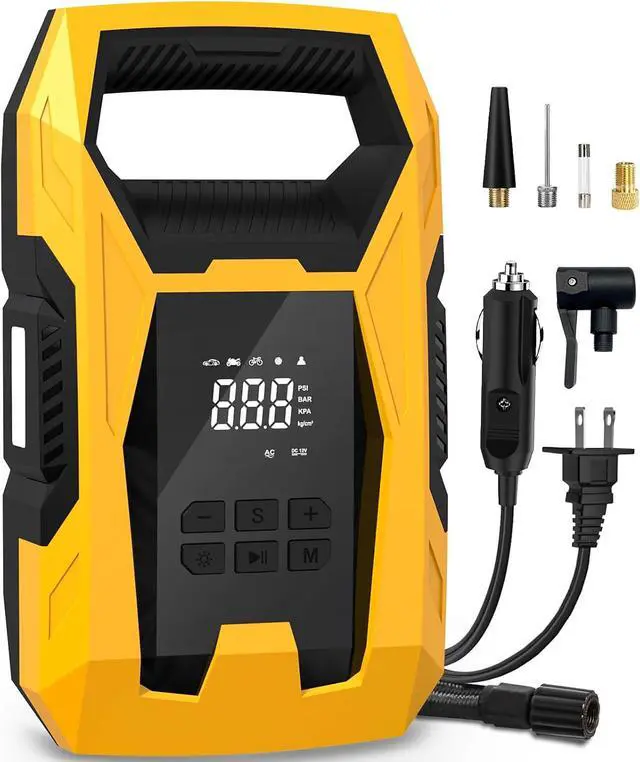 Main image of AC/DC Tire Inflator Portable Air Compressor, Dual Power for Home 110V AC and Car 12V DC Air Pump with Pressure Gauge, Auto Shutoff, Tire Pump for Car Motorcycle Bicycle and Other Inflatables