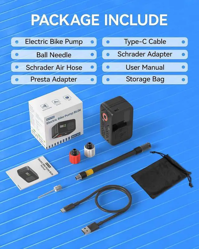 Alt view image 7 of 7 - Mini Electric Bike Pump Portable, Bicycle Air Pump for Presta and Schrader Valves, 120PSI High Pressure Pump with Digital Gauge, Smart Auto-Stop, Fast Inflation for Road Bike, Mountain Bike, E-Bike
