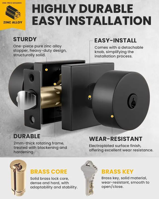 Alt view image 4 of 7 - Keyed Entry Door Knobs, Doorknob with Lock and Key for Front Door, Matte Black Exterior Door Knobs for Office & Storage, Reversible & Secure, Interior or Exterior Use - 2 Pack