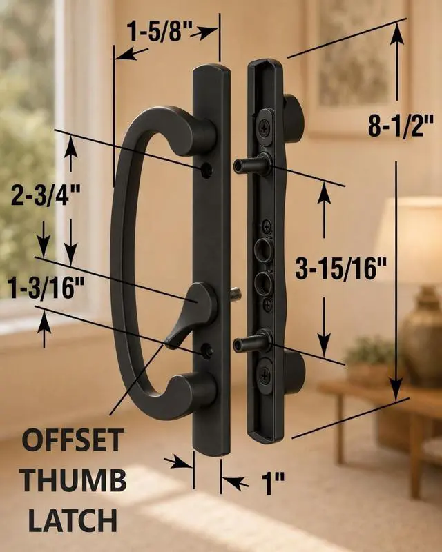 Alt view image 2 of 7 - Universal Sliding Glass Door Handle Replacement with Mortise Lock Fits 3-15/16" Hole Spacing & 1-3/8" to 2" Thick Patio Doors, Non-Handed Offset Design, Sturdy Zinc Diecast, Black with Keyed