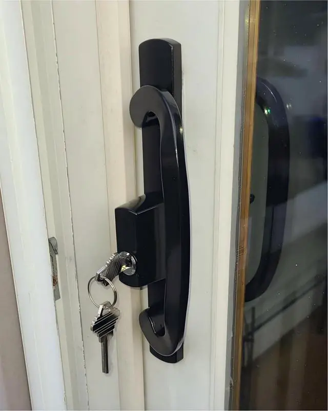 Alt view image 6 of 7 - Universal Sliding Glass Door Handle Replacement with Mortise Lock Fits 3-15/16" Hole Spacing & 1-3/8" to 2" Thick Patio Doors, Non-Handed Offset Design, Sturdy Zinc Diecast, Black with Keyed