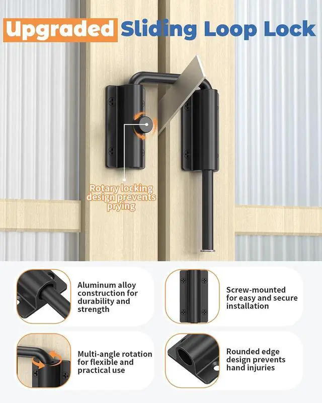 Alt view image 3 of 7 - Sliding Door Loop Lock, Security U-Bolt Locks with Locking Design, 90/180 Degree Multi-Angle Aluminum Alloy Patio Door Latch for Barn, Garden, Window, Room Gate (Black-4PCS)