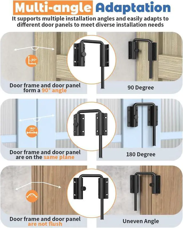 Alt view image 5 of 7 - Sliding Door Loop Lock, Security U-Bolt Locks with Locking Design, 90/180 Degree Multi-Angle Aluminum Alloy Patio Door Latch for Barn, Garden, Window, Room Gate (Black-4PCS)
