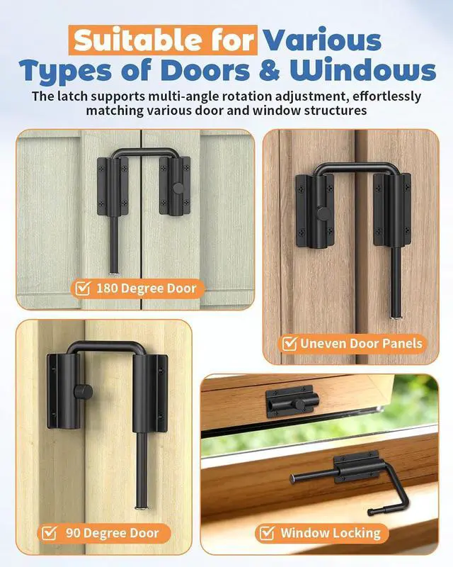 Alt view image 6 of 7 - Sliding Door Loop Lock, Security U-Bolt Locks with Locking Design, 90/180 Degree Multi-Angle Aluminum Alloy Patio Door Latch for Barn, Garden, Window, Room Gate (Black-4PCS)