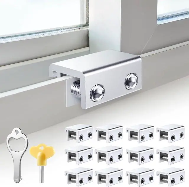 Main image of Sliding Window Locks (12 Sets), Security Window Locks with Keys, Adjustable Aluminum Sliding Window Stops, Easy Installation Without Drilling, for Vertical and Horizontal Sliding Windows (Silver)