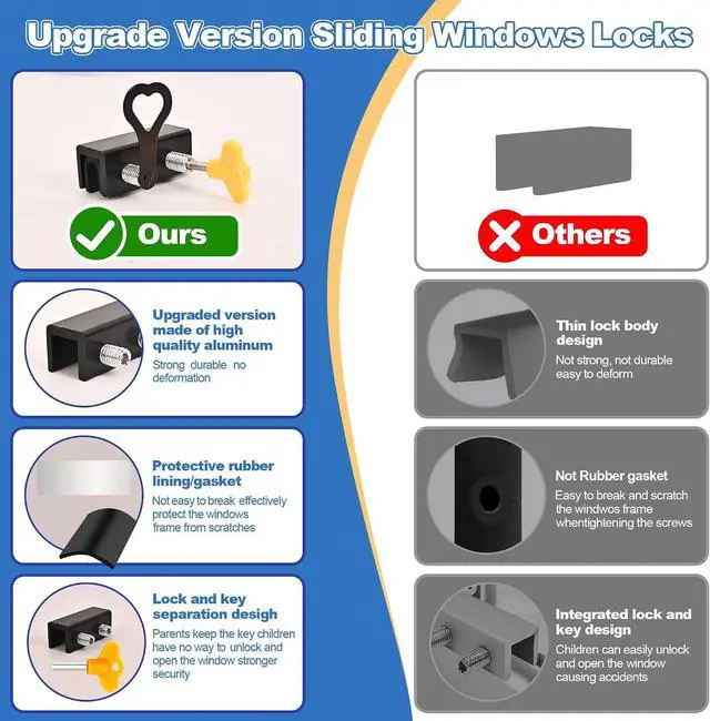 Alt view image 6 of 7 - 15 Pack Black Window Locks with Key, Adjustable Sliding Window Locks for Up and Down Windows & Horizontal Windows Stoppers Security Sliding Glass Patio Door Lock, Aluminum