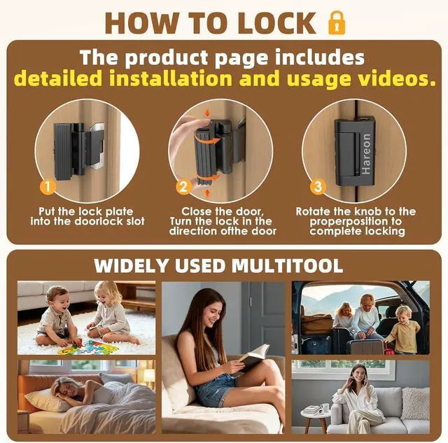 Alt view image 4 of 7 - Portable Door Lock, Door Reinforcement Lock, Portable Door Lock for Travel - No Drilling, Interior Doors for Apartments, Hotels, bedroomsBlack-3PCS