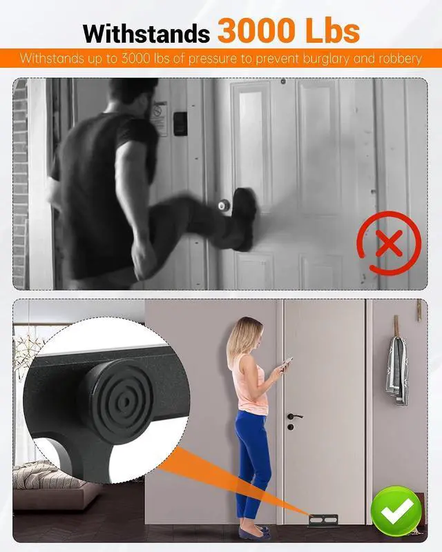 Alt view image 2 of 6 - French Security Door Brace, Heavy Metal Security Lock Door Brace, with Rubber Buffer, Withstands 3000 Lbs, Prevent Entry Robbery/Thieves, Fit for Standard/Single/Double Door
