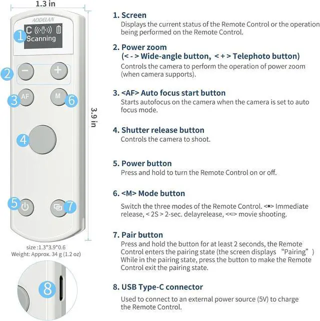 Alt view image 5 of 7 - Rechargeable Wireless Shutter Release for Canon Camera Remote Control Zoom Focus Compatible with R50,G7X Mark III,R6 Mark II,R5,R6,R7,M6 Mark II,M200,M50,90D,200D,Replace Canon BR-E1(White)