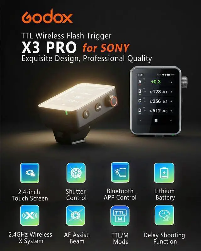 Alt view image 2 of 7 - X3 PRO S X3PRO TTL Wireless Flash Trigger for Sony with Bluetooth Integration & APP Control Touch Screen 2.4GHz Wireless X System Pro Shooting Modes Shutter Control Fast Charging