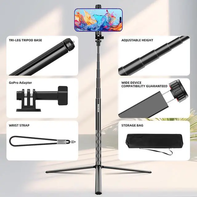 Alt view image 2 of 7 - Golf Tripod Monopod, Monopod and Tripod Selfie Stick to Record Golf Swing | 67.3" Adjustable Phone Tripod Stand, Phone Holder for iPhone/Android, 21cm Spike, Tripod