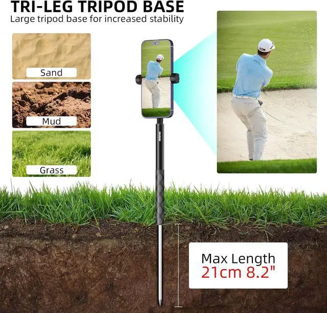 Alt view image 3 of 7 - Golf Tripod Monopod, Monopod and Tripod Selfie Stick to Record Golf Swing | 67.3" Adjustable Phone Tripod Stand, Phone Holder for iPhone/Android, 21cm Spike, Tripod