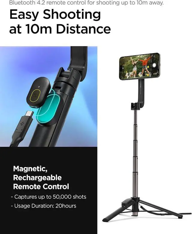 Alt view image 6 of 7 - Selfie Stick Tripod Stand with Bluetooth Remote Control Shutter 24" Extendable Compatible with MagSafe iPhone 17/16/15/14/13/12 Pixelsnap Pixel 10 Series & More - Black (S571W)
