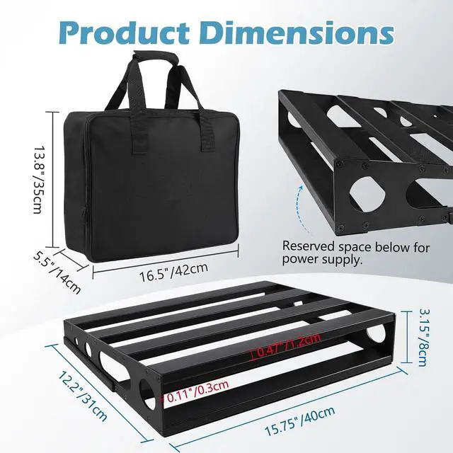 Alt view image 2 of 7 - Guitar Pedal Board with Power Supply Tray, 15.7x12.2x3.1", Metal Bass Pedal Stand Black Effects Pedalboards with 4 Pcs 6 Inch Guitar Pedal Cable, Carrying Bag, Adhesive Hookside Tape(Angled)