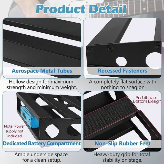 Alt view image 3 of 7 - Guitar Pedal Board with Power Supply Tray, 15.7x12.2x3.1", Metal Bass Pedal Stand Black Effects Pedalboards with 4 Pcs 6 Inch Guitar Pedal Cable, Carrying Bag, Adhesive Hookside Tape(Angled)