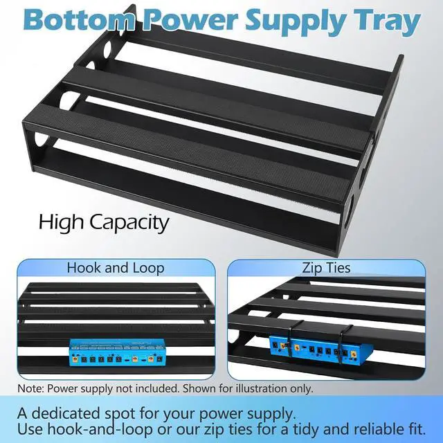 Alt view image 4 of 7 - Guitar Pedal Board with Power Supply Tray, 15.7x12.2x3.1", Metal Bass Pedal Stand Black Effects Pedalboards with 4 Pcs 6 Inch Guitar Pedal Cable, Carrying Bag, Adhesive Hookside Tape(Angled)