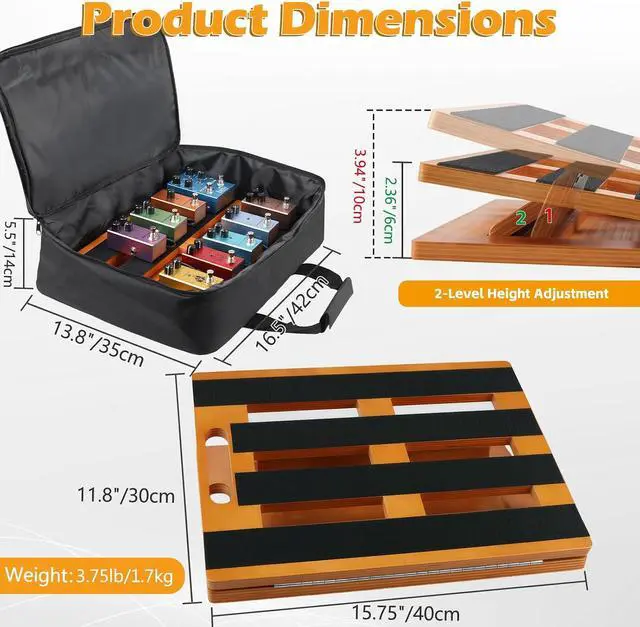 Alt view image 2 of 7 - Wooden Guitar Pedal Board 15.75" x 11.8", Foldable Pedalboard 2-Level Adjustable Height Lightweight Pedal Stand, with 4 Pcs 6 Inch Guitar Patch Cables, Portable Carry Bag, Hook-and-Loop Tapes
