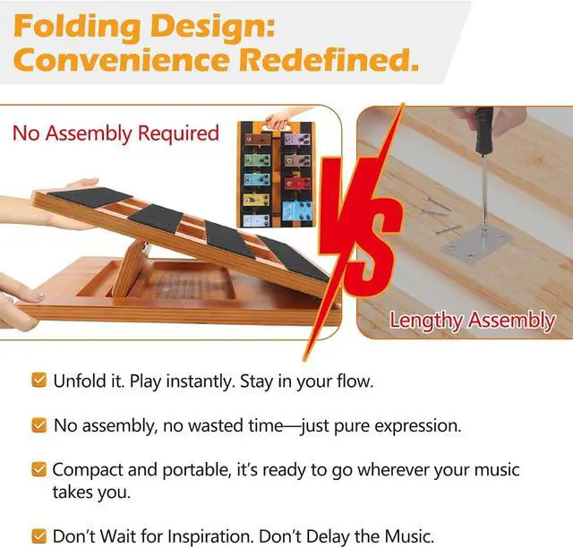 Alt view image 4 of 7 - Wooden Guitar Pedal Board 15.75" x 11.8", Foldable Pedalboard 2-Level Adjustable Height Lightweight Pedal Stand, with 4 Pcs 6 Inch Guitar Patch Cables, Portable Carry Bag, Hook-and-Loop Tapes