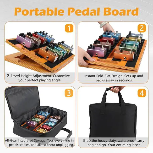 Alt view image 6 of 7 - Wooden Guitar Pedal Board 15.75" x 11.8", Foldable Pedalboard 2-Level Adjustable Height Lightweight Pedal Stand, with 4 Pcs 6 Inch Guitar Patch Cables, Portable Carry Bag, Hook-and-Loop Tapes