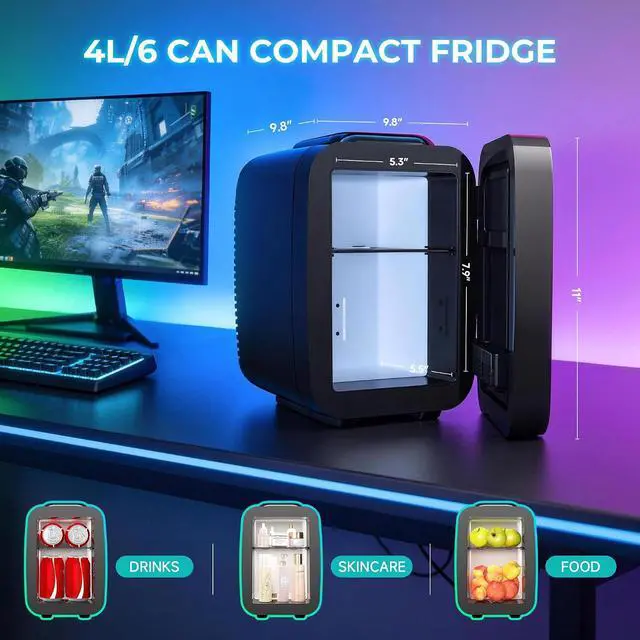 Alt view image 5 of 7 - Mini Fridge, 4L/6 Can Portable Refrigerator,Dimmable Gaming Light With APP Controller for Gaming room Bedroom,Office and Car,AC/DC Portable Thermoelectric Cooler&Warmer for Food,Drinks,Skincare,Black
