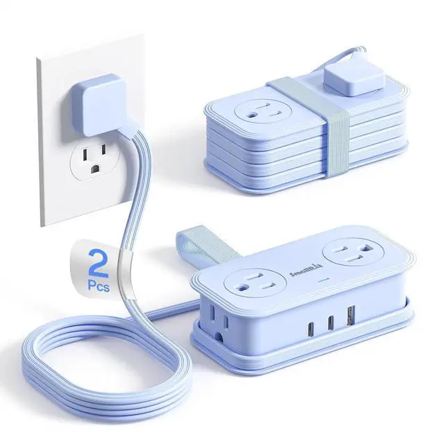 Main image of Travel Power Strip, 2 Pcs Extension Cord with Multiple Outlets, 3.3FT Wrapped Extension Flat Plug Power Strip with 4 AC Outlets for Travel, Hotel, Cruise Approved, No Surge Protection, Blue