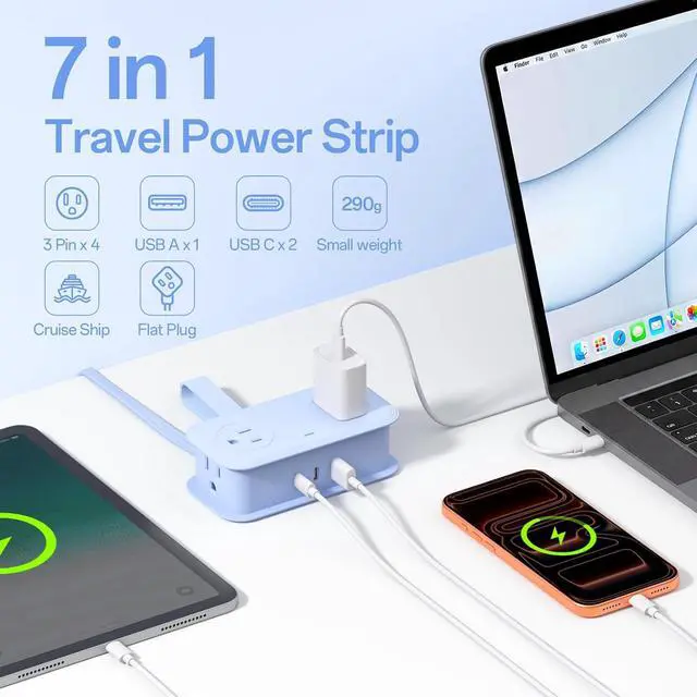 Alt view image 2 of 7 - Travel Power Strip, 2 Pcs Extension Cord with Multiple Outlets, 3.3FT Wrapped Extension Flat Plug Power Strip with 4 AC Outlets for Travel, Hotel, Cruise Approved, No Surge Protection, Blue
