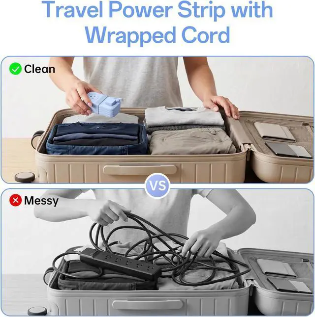 Alt view image 7 of 7 - Travel Power Strip, 2 Pcs Extension Cord with Multiple Outlets, 3.3FT Wrapped Extension Flat Plug Power Strip with 4 AC Outlets for Travel, Hotel, Cruise Approved, No Surge Protection, Blue